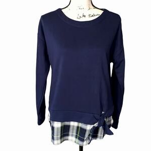 IZOD‎ Womens Tie-Front 2-Fer Sweatshirt Navy Blue Plaid Layered Top  M NEW